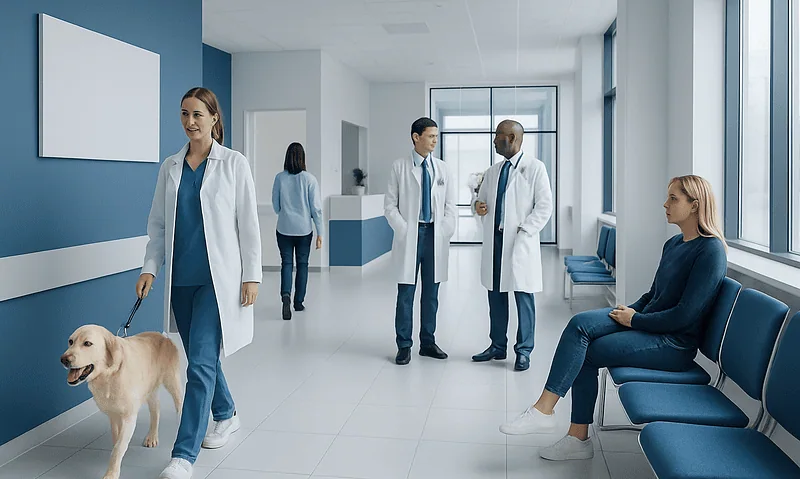 Medical staff and patient in a modern hospital corridor with a therapy dog.