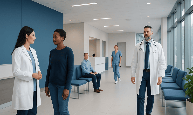 Medical professionals and patients in a modern hospital corridor.
