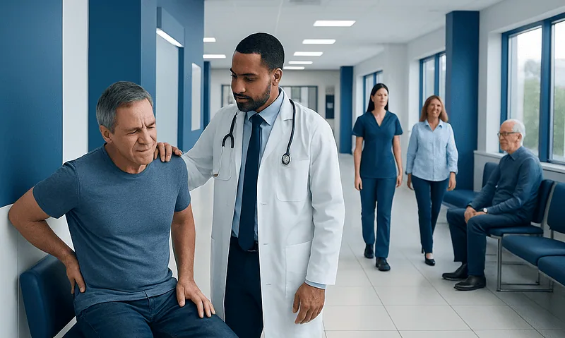 Doctor examining a patient with back pain in a hospital corridor.