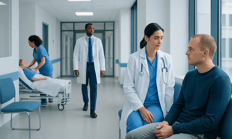 Doctor consulting patient in hospital corridor with medical staff in background.