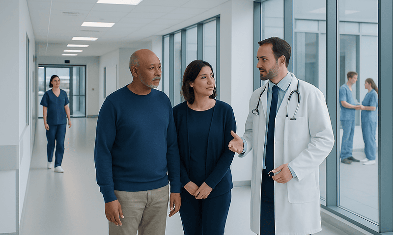 Medical team discussing patient care in hospital corridor.