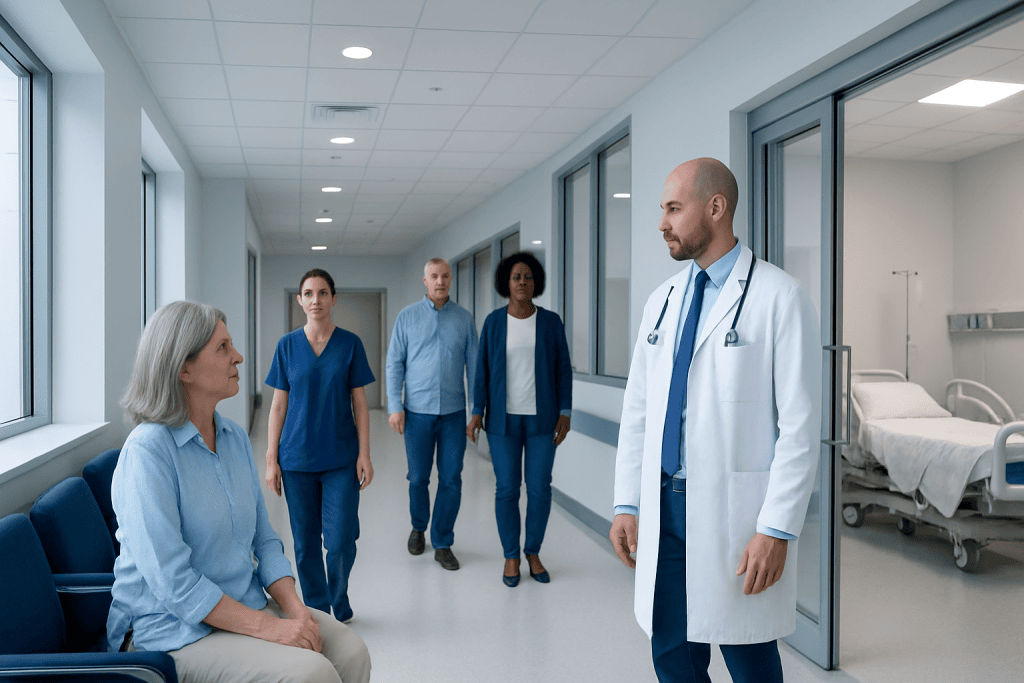 Lymphoma Treatment Options: How It Works, Results and What to Expect 1 Doctor discussing treatment options with a patient in a hospital corridor.