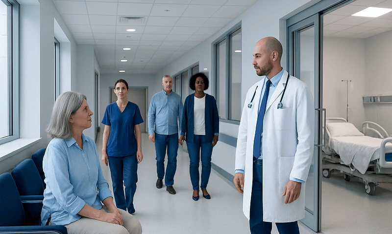 Doctor discussing treatment options with a patient in a hospital corridor.