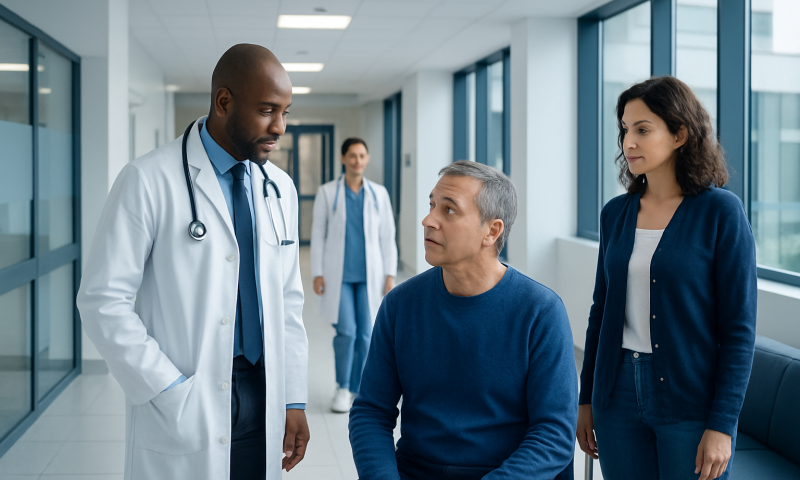 Doctor consulting with patient in hospital corridor with medical staff in background.