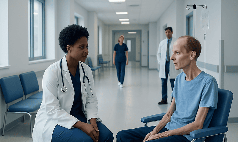 Doctor consulting a patient in a hospital corridor.