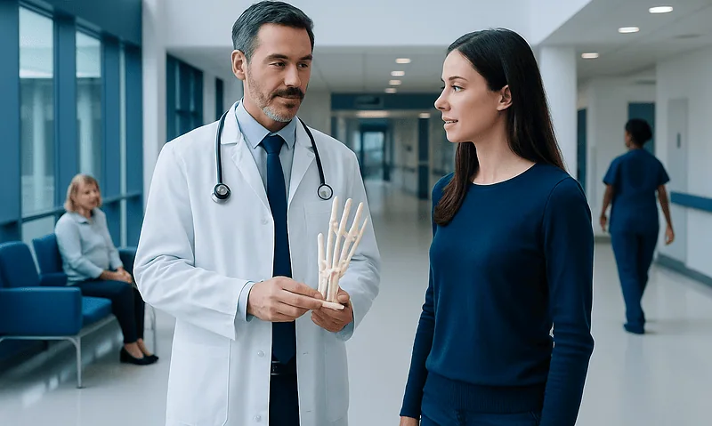Doctor explaining hand and wrist bones to a patient in hospital corridor.