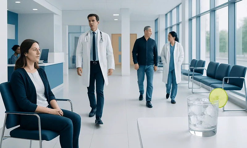 Patient waiting in hospital corridor with medical staff nearby.