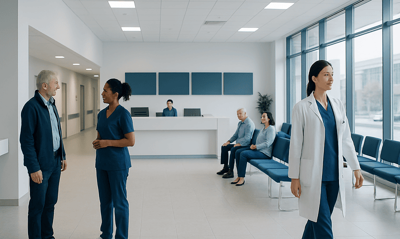 Healthcare professionals and patients in a modern hospital waiting area.