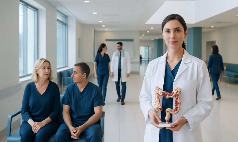 Healthcare professional holding a colon model in a hospital corridor.