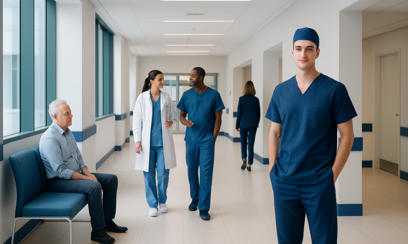 Young medical professionals in hospital corridor with patient and staff.