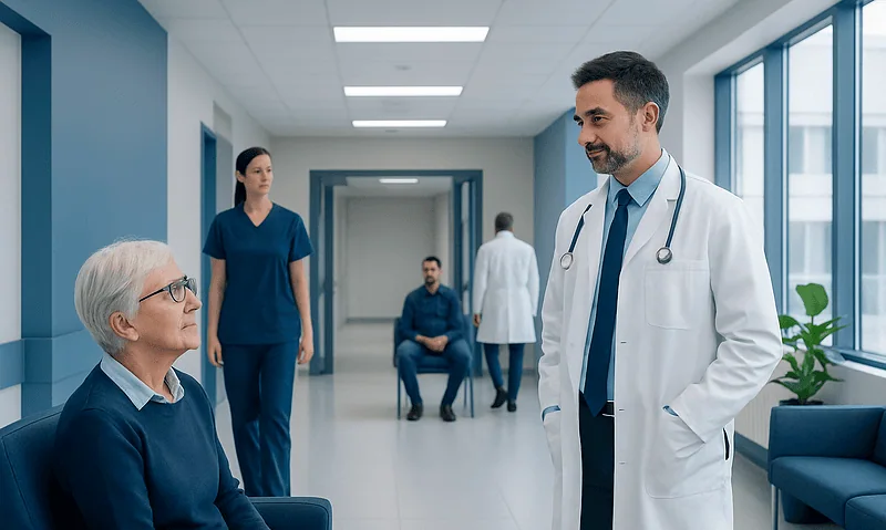 Doctor talking to elderly patient in hospital corridor.