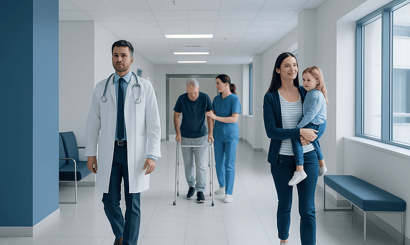 Healthcare professionals and a patient family in hospital corridor.