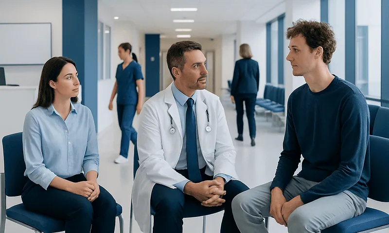 Doctor consulting with young male patient in hospital corridor.
