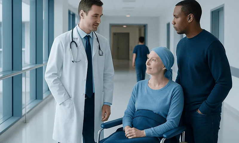 Doctor consulting with patient in hospital corridor.