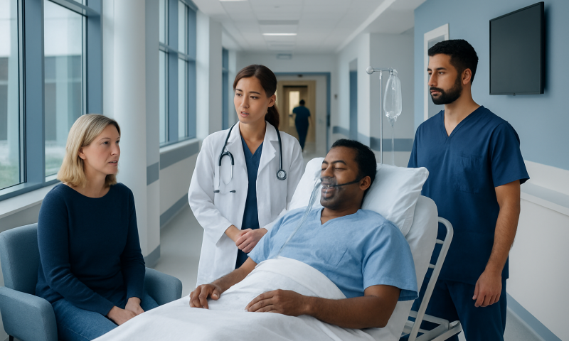 Hospital staff consulting with patient in a hospital corridor.