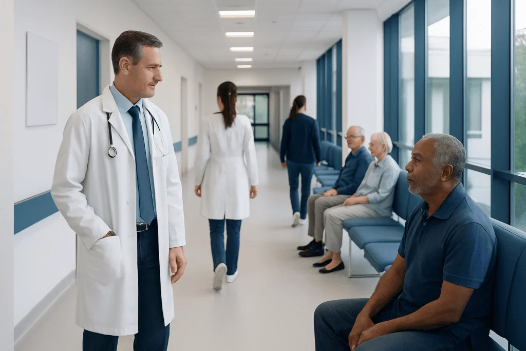 Medical Treatment for Peripheral Arterial Disease: How It Works, Results and What to Expect 1 Medical professionals and patients in a hospital corridor.