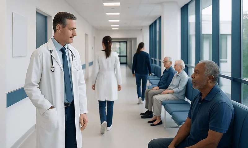 Medical Treatment for Peripheral Arterial Disease: How It Works, Results and What to Expect 6 Medical professionals and patients in a hospital corridor.