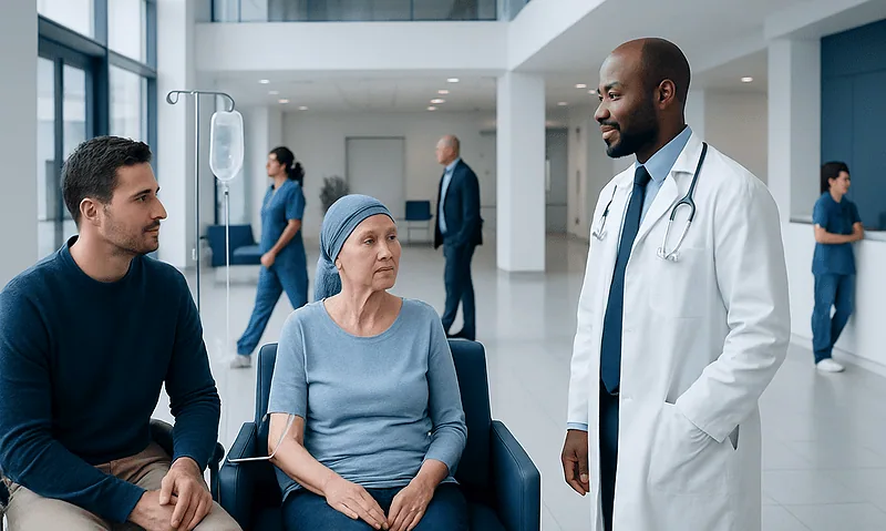 Doctor consulting with a patient and her companion in a hospital lobby.