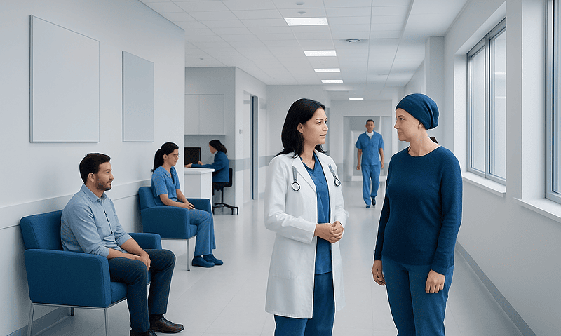 Medical consultation in a modern hospital corridor with healthcare professionals and patients.