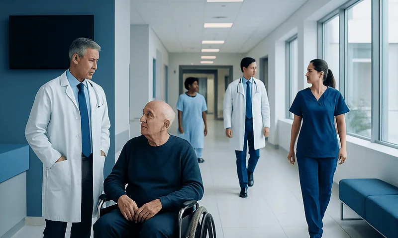 Medical team consulting with patient in hospital corridor.