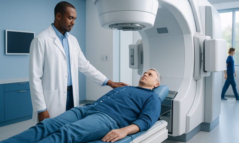 Medical professional preparing patient for radiation therapy in a modern hospital.
