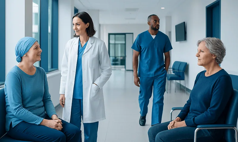 Medical team consulting with patients in hospital corridor.