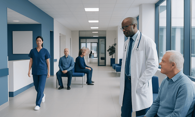 Doctor consulting elderly patient in hospital corridor with staff and patients nearby.