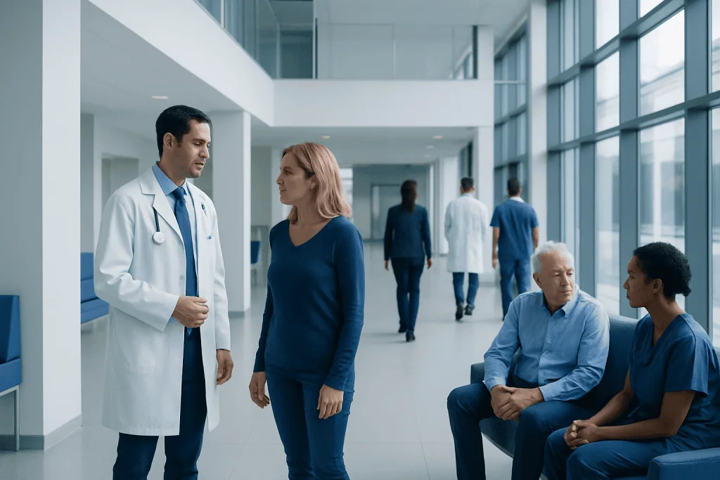 Understanding Methotrexate for Rheumatoid Arthritis: A Complete Patient Guide 1 Medical professionals and patients in a modern hospital corridor.