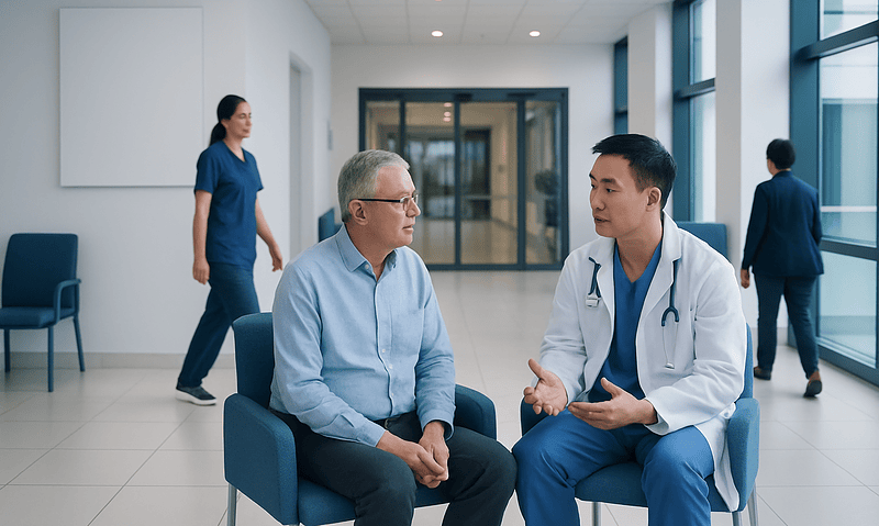 Doctor consulting with an elderly patient in a hospital corridor.