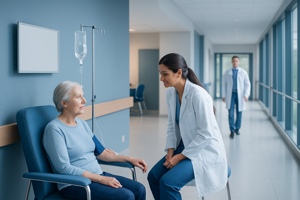 Monoclonal Antibody Treatment: How It Works, Results and What to Expect 1 Healthcare professional talking to elderly patient in hospital corridor.