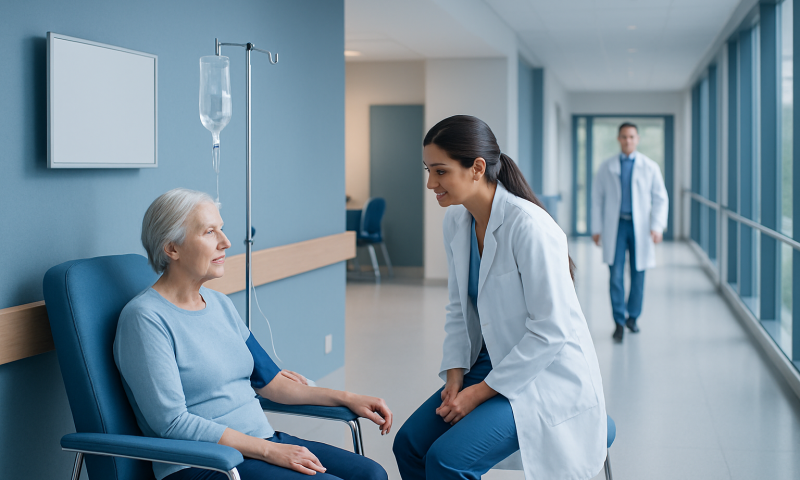 Healthcare professional talking to elderly patient in hospital corridor.
