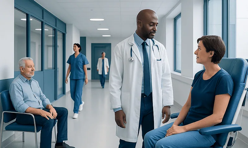 Mpn Treatment: How It Works, Results and What to Expect 2 Doctor consulting female patient in hospital corridor with elderly man nearby.