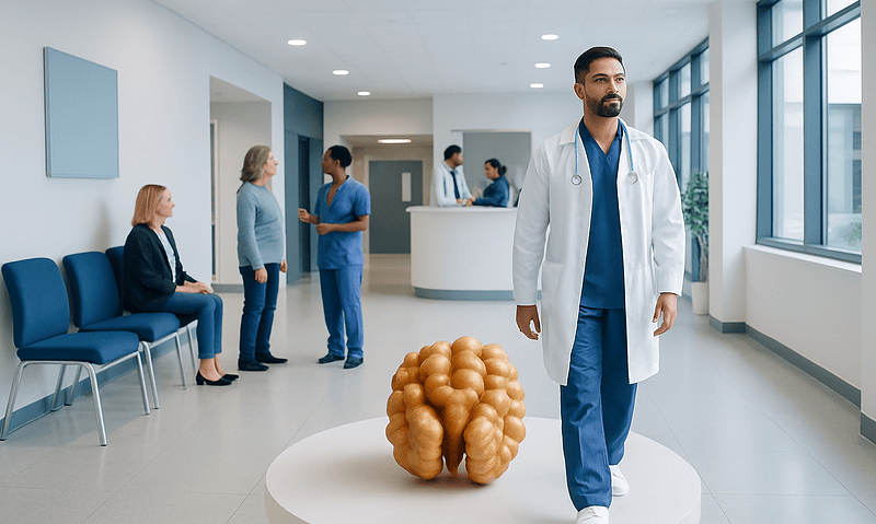Medical professional in hospital with walnut-shaped tumor model on table.