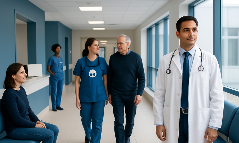 Medical team and patient in hospital corridor at Acibadem Hospitals Group.