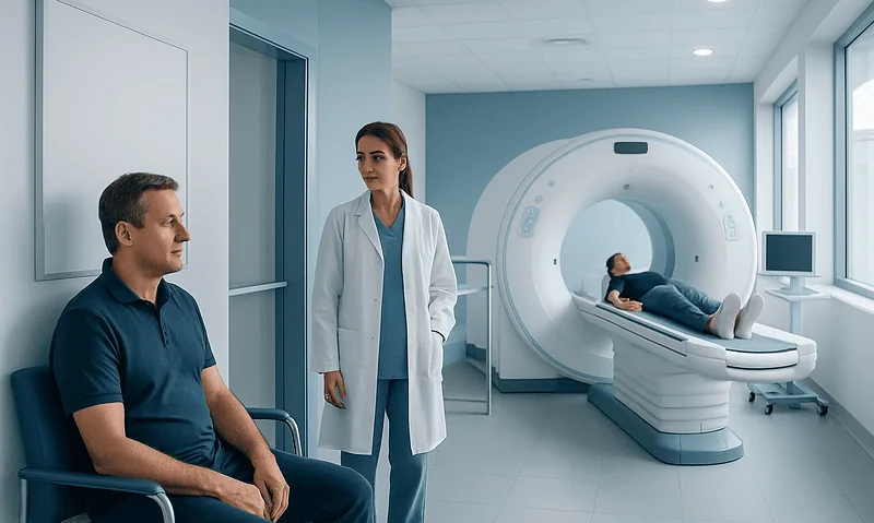 Patient preparing for a CT scan in a modern hospital room.