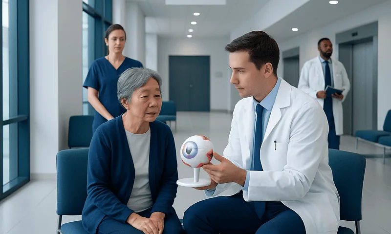 Ophthalmologist explains eye model to elderly patient in hospital.