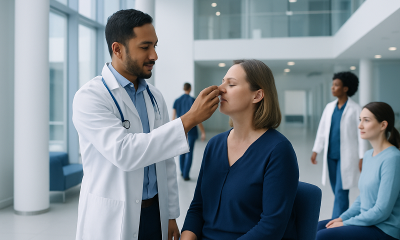 Doctor examining patient's nose in a hospital setting.