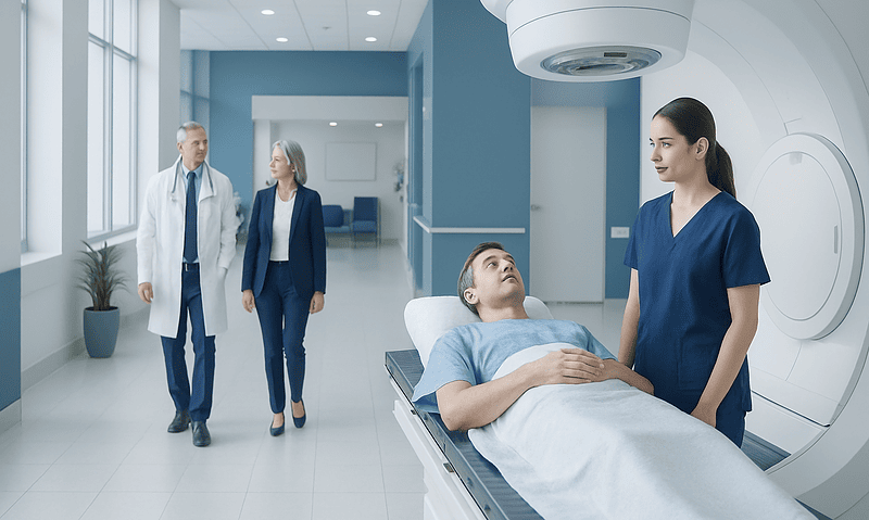 Patient undergoing MRI scan at Acibadem Hospital with medical staff present.