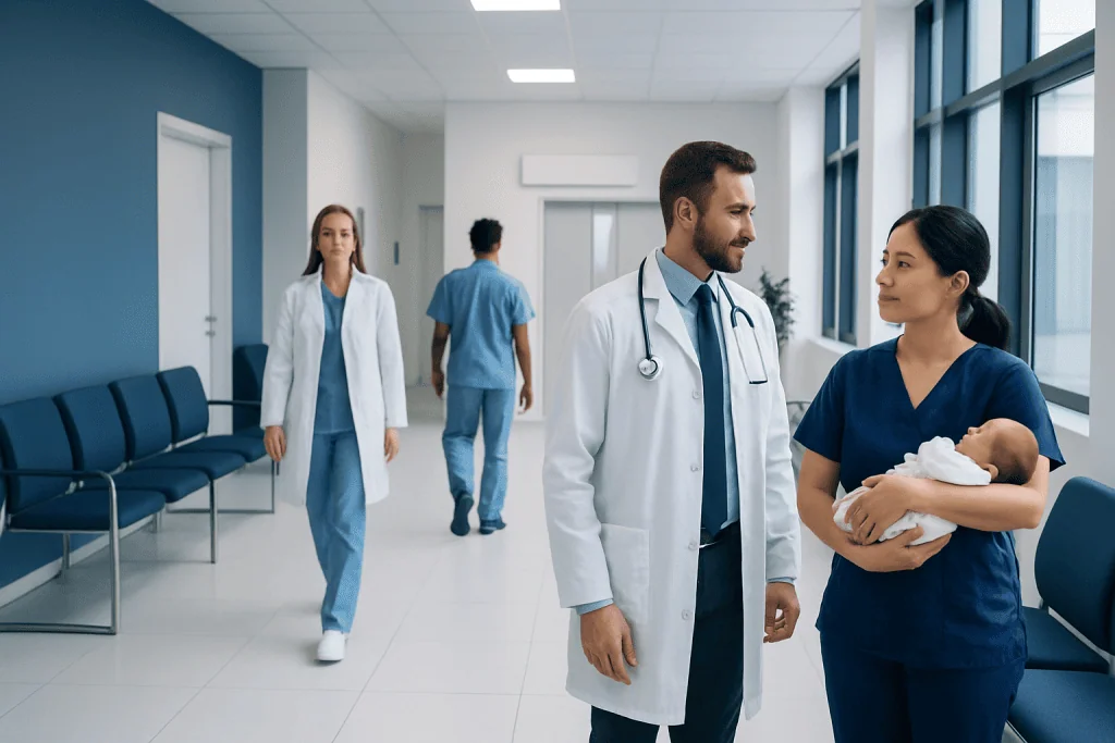 Necrotizing Enterocolitis Treatment: How It Works, Results and What to Expect 1 Medical team caring for a newborn in hospital corridor.