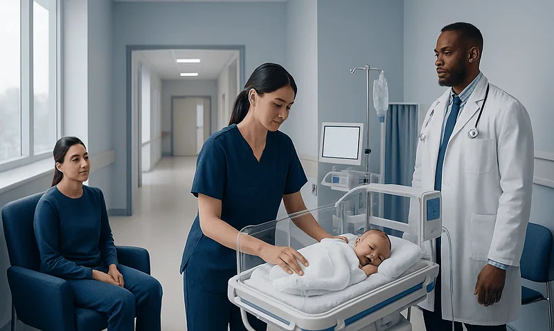 Newborn baby in hospital crib with medical staff and mother nearby.