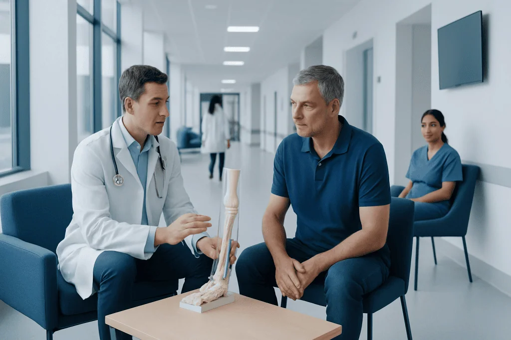 Nerve Damage Treatment in Leg: How It Works, Results and What to Expect 1 Doctor explaining leg nerve anatomy to patient in hospital.