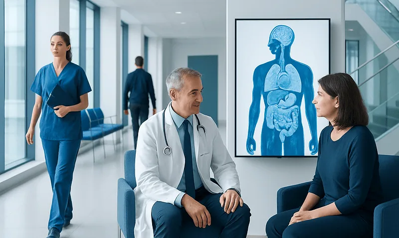 Medical consultation in a hospital with a focus on neuroendocrine tumor treatment.
