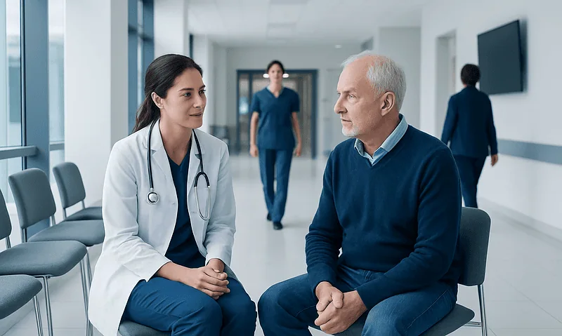 Doctor consulting with an elderly patient in a hospital corridor.