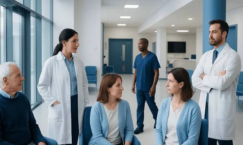 Medical team discussing patient care in hospital corridor.