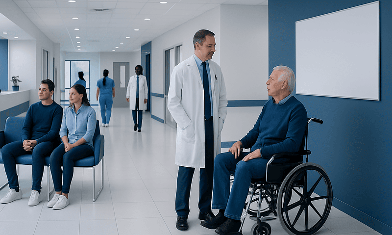 Nph Hydrocephalus Treatment: How It Works, Results and What to Expect 4 Doctor consulting elderly patient in hospital corridor with staff in background.
