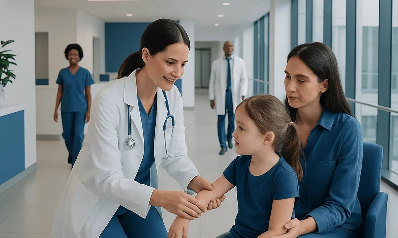 Doctor examining young girl in hospital corridor with mother present.