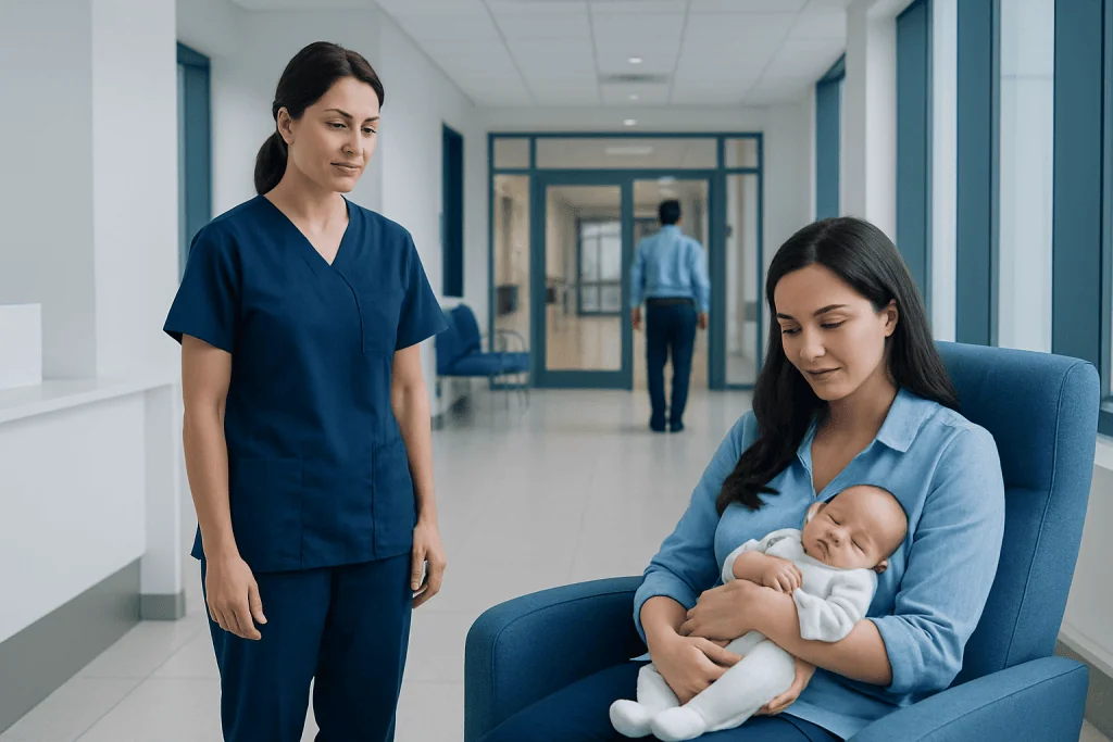 Occupational Therapy for Newborns: How It Works, Results and What to Expect 1 Newborn baby with mother and nurse in hospital corridor.