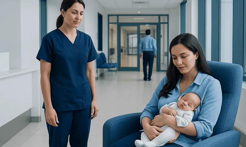Newborn baby with mother and nurse in hospital corridor.