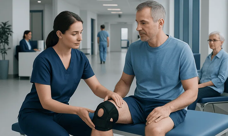 Physiotherapist examining patient's knee in hospital setting.