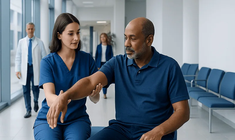 Physical therapist assisting a patient with arm exercises in hospital corridor.